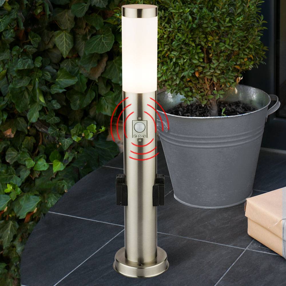 LED Sockelleuchte mit Steckdose Wegeleuchte Außen mit Bewegungsmelder Gartenstehlampe LED Pollerleuchte Edelstahl, 1x9W LED 1x 9W RGB, DxH 7,6x 60