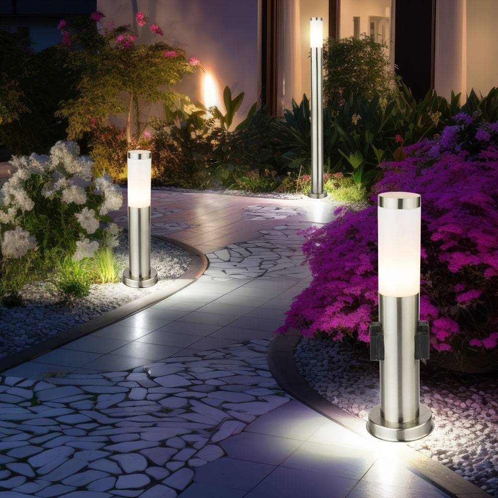 Außenleuchte Stehlampe mit Steckdosen Außensteckdosen Sockelleuchte Standlampe Edelstahl, Stehleuchte 1x 110cm 1x 45cm, 1x Steckdosenlampe 45cm, E27
