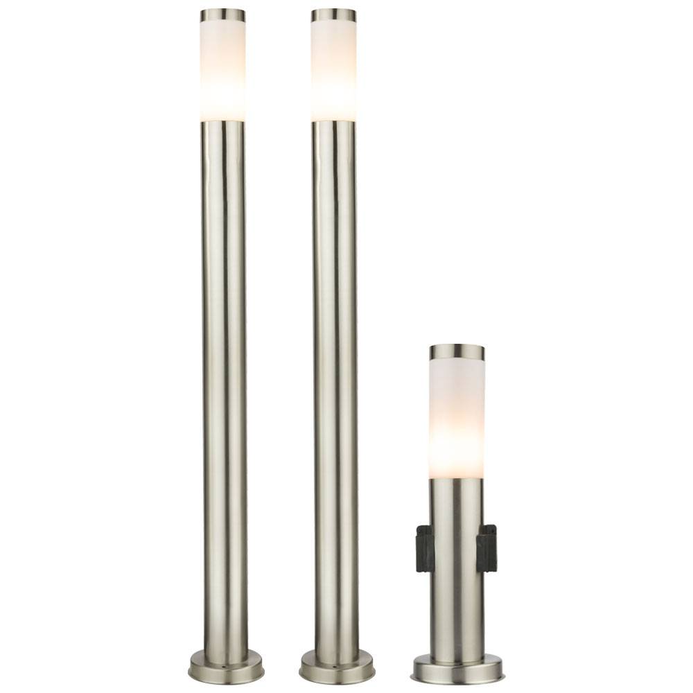 Außenleuchte Stehlampe mit Steckdosen Außensteckdosen Sockelleuchte Stehlampe Edelstahl, 2x Stehleuchte 1x Steckdosenlampe, E27 Fassung, 3er Set