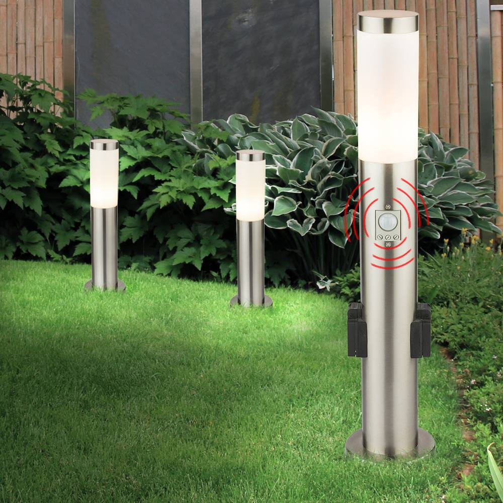 3er Set Außen Steh Lampen Edelstahl Bewegungsmelder Steckdosen Leuchten Garten Terrassen Strahler