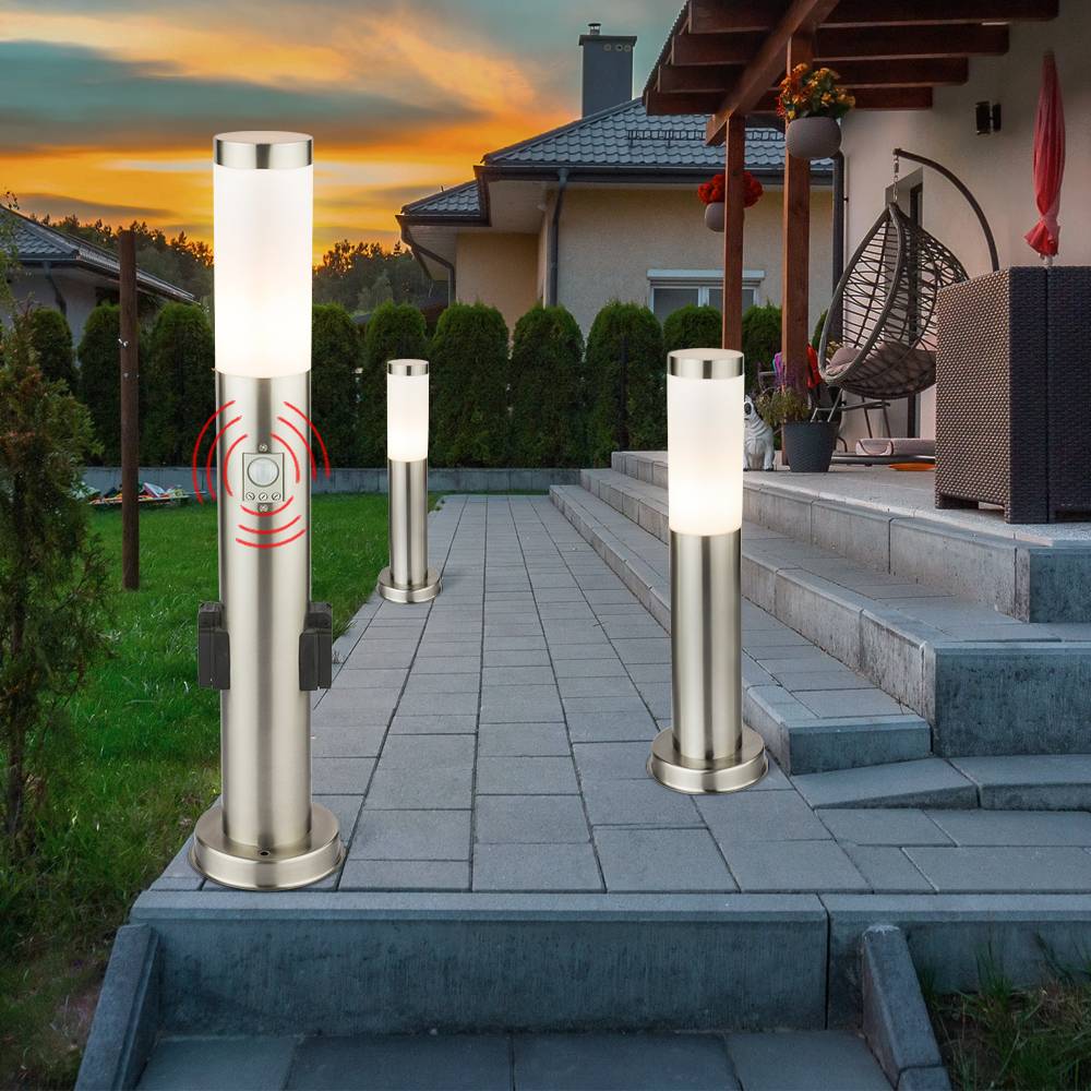 3er Set Außen Steh Lampen Edelstahl Bewegungsmelder Steckdosen Leuchten Garten Terrassen Strahler