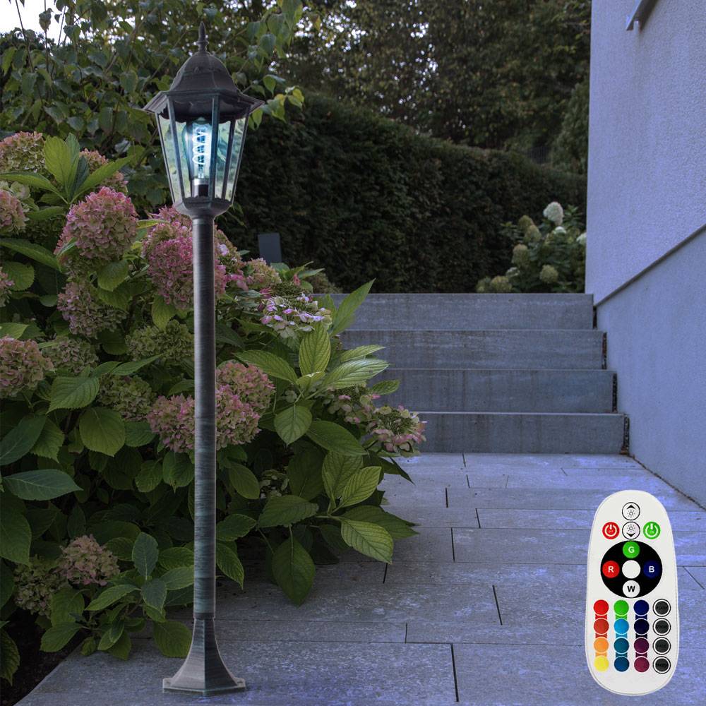 Rustikale Steh Leuchte Stand Lampe Fernbedienung Außen Strahler Laterne im Set inklusive RGB LED Leuchtmittel