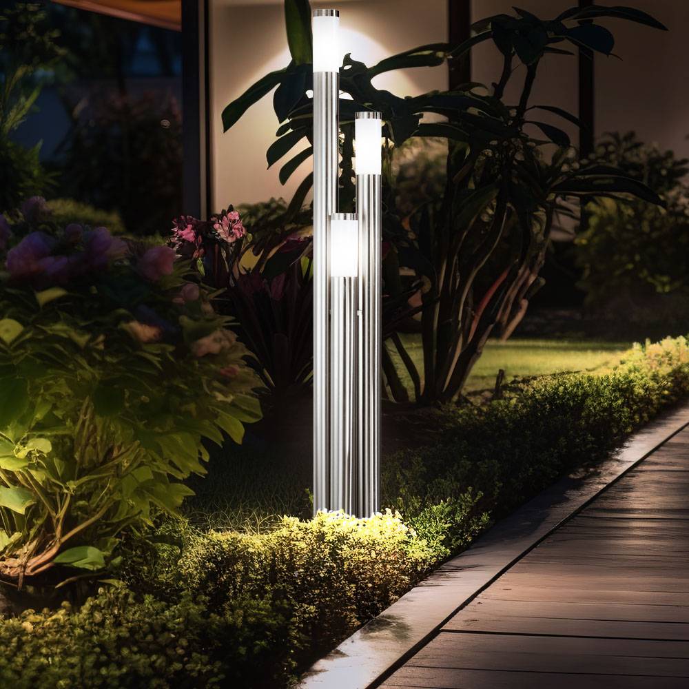 Gartenleuchte 170 cm Wegeleuchten Außen Edelstahl LED Stehleuchte Außen groß, 3 silberne Säulen,3x 3Watt 3x 320lm warmweiß ,D 28 cm