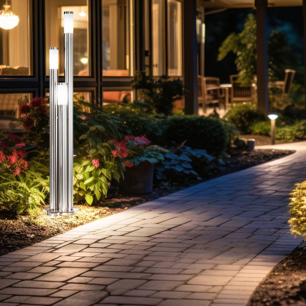 Gartenleuchte 170 cm Wegeleuchten Außen Edelstahl LED Stehleuchte Außen groß, 3 silberne Säulen,3x 3Watt 3x 320lm warmweiß ,D 28 cm