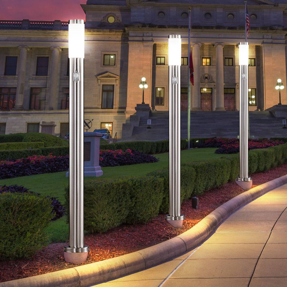3x Außen Steh Lampen Edelstahl Terrassen Strahler Park Leuchten Bewegungsmelder