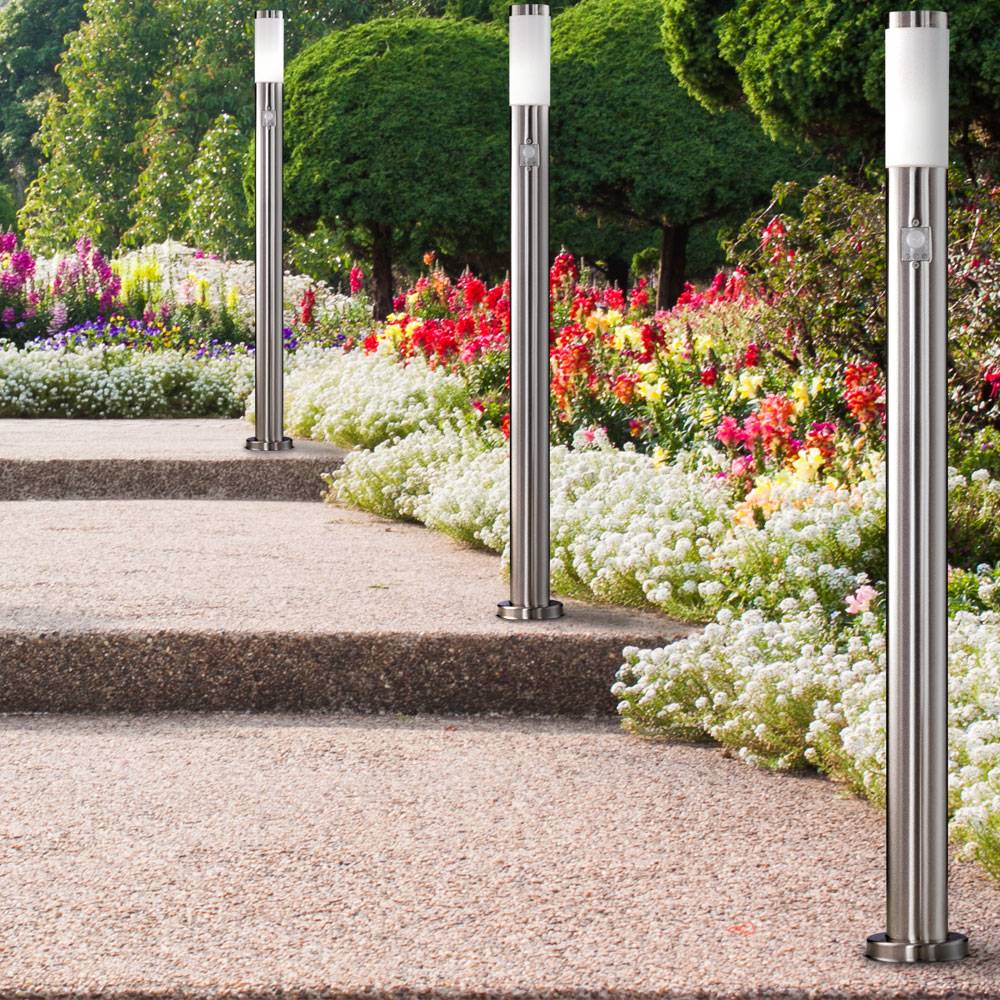 3x Außen Steh Lampen Edelstahl Terrassen Strahler Park Leuchten Bewegungsmelder