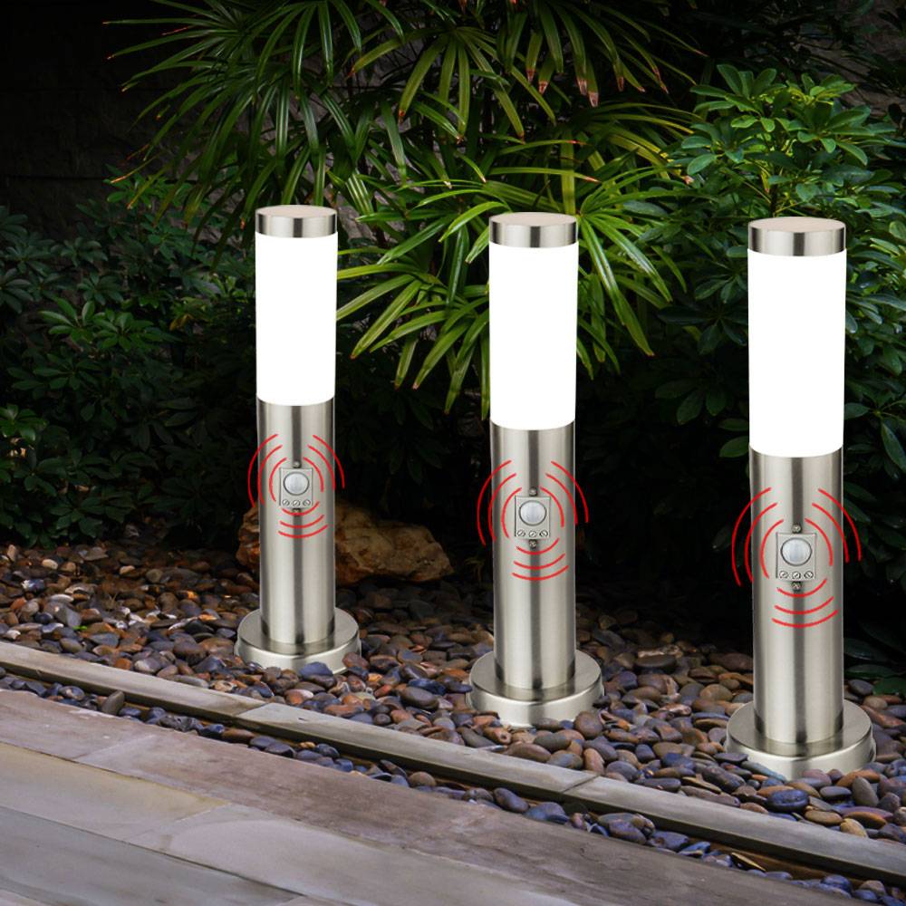 LED Wegeleuchte Stehlampe Gartenleuchte Edelstahl Außenleuchte mit Bewegungsmelder, silber, 9W 810lm warmweiß, DxH 12,7x45 cm, 3er Set