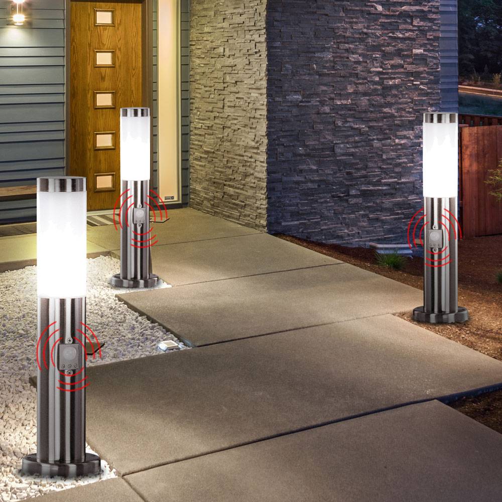 LED Wegeleuchte Stehlampe Gartenleuchte Edelstahl Außenleuchte mit Bewegungsmelder, silber, 9W 810lm warmweiß, DxH 12,7x45 cm, 3er Set