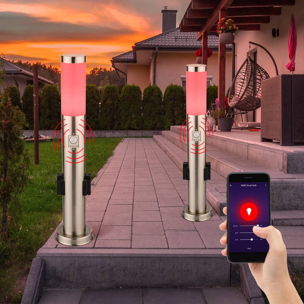 LED Sockelleuchte mit Steckdose Wegeleuchte Außen mit Bewegungsmelder Gartenstehlampe LED Pollerleuchte Edelstahl, 1x 10w 806 2700-6400K, DxH 7,6x