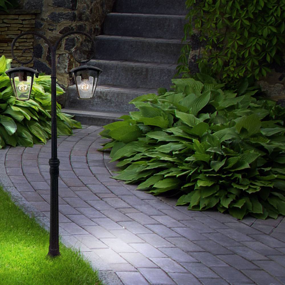 Stehlampe Kandelaber Gartenlampe Laterne Außenlampe Aluminium Glas Standlampe, Aluminium schwarz, 2x E27 Fassung, BxH 48x141 cm