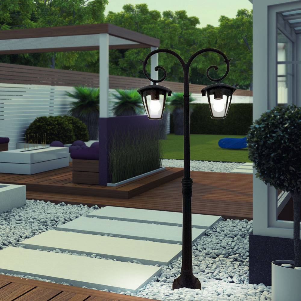 Stehlampe Kandelaber Gartenlampe Laterne Außenlampe Aluminium Glas Standlampe, Aluminium schwarz, 2x E27 Fassung, BxH 48x141 cm