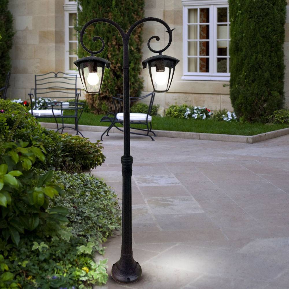 Stehlampe Kandelaber Gartenlampe Laterne Außenlampe Aluminium Glas Standlampe, Aluminium schwarz, 2x E27 Fassung, BxH 48x141 cm