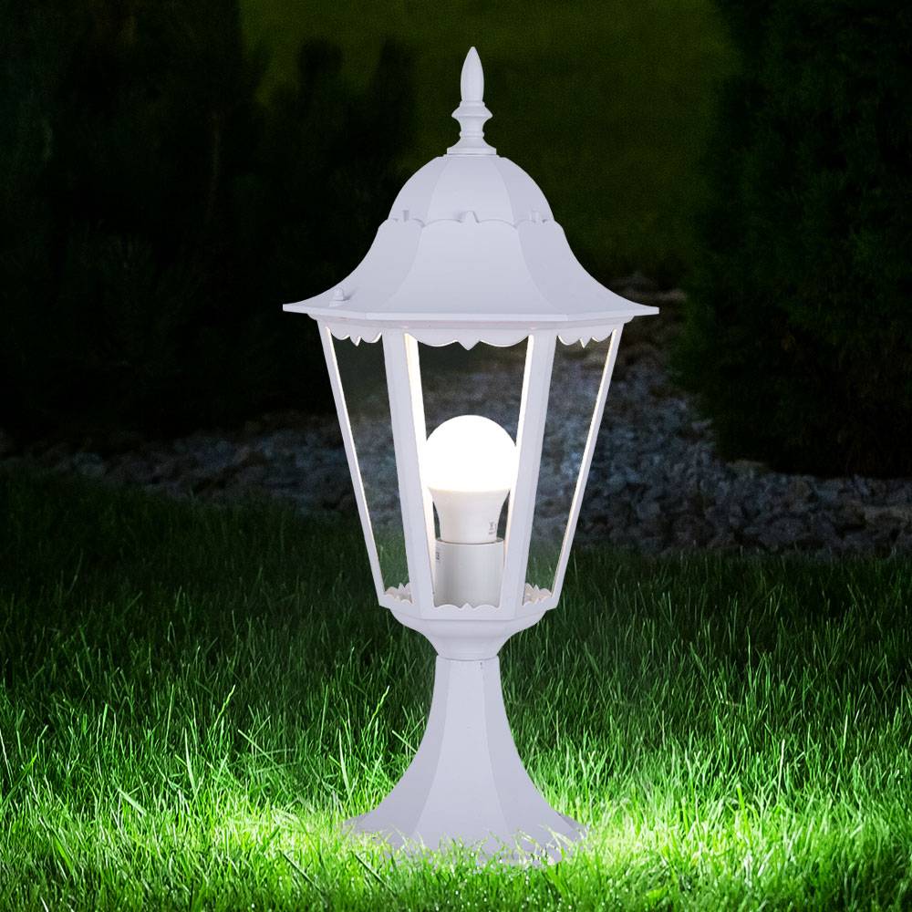 Außen Steh Lampe weiß Garten Weg Laterne ALU Balkon Sockel Leuchte im Set inkl. LED Leuchtmittel