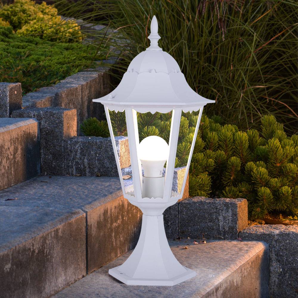 Außen Steh Lampe weiß Garten Weg Laterne ALU Balkon Sockel Leuchte im Set inkl. LED Leuchtmittel