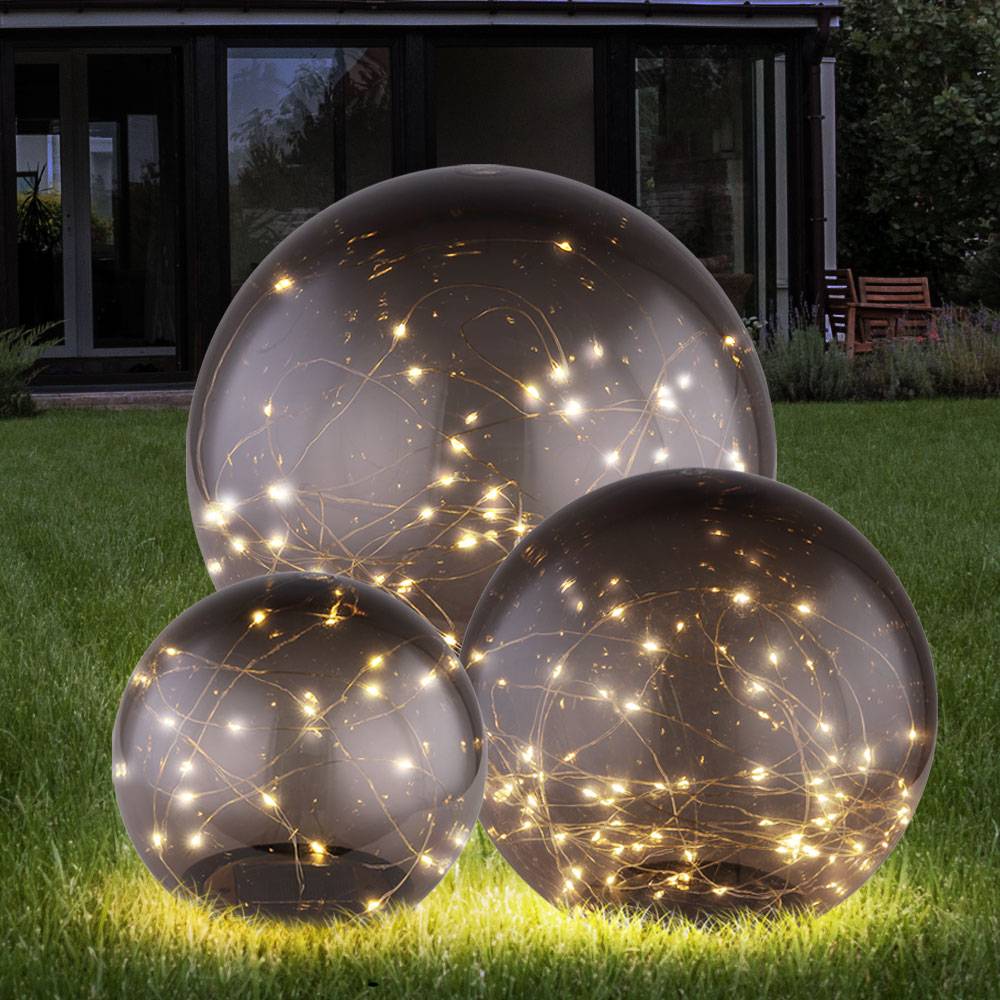 Solarlampe Gartendeko Solarkugeln Außen LED Gartenlampe Erdspieß, rauch, D 15 cm, 20 cm, 25 cm, 3er Set