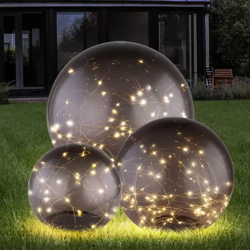Solarlampe Gartendeko Solarkugeln Außen LED Gartenlampe Steckleuchte Erdspieß, Kunststoff rauch, D 15 cm, 20 cm, 25 cm, 3er Set Solarlampe Gartendeko Solarkugeln Außen LED Gartenlampe Steckleuchte Erdspieß, Kunststoff rauch, D 15 cm, 20 cm, 25 cm, 3er Set