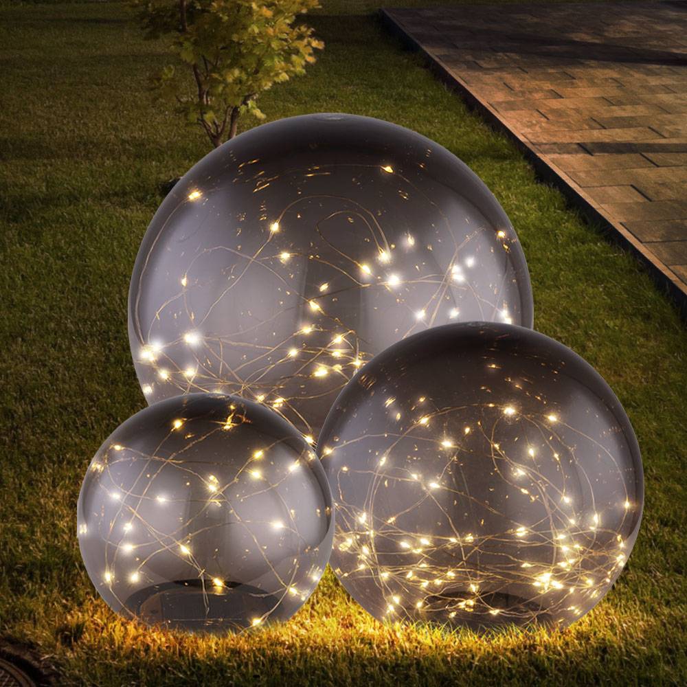 Solarlampe Gartendeko Solarkugeln Außen LED Gartenlampe Erdspieß, rauch, D 15 cm, 20 cm, 25 cm, 3er Set