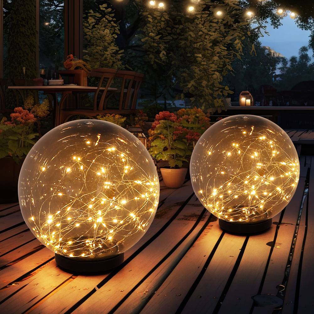 2x LED Solar Außen Steh Tisch Leuchten Terrassen Lichterkette Kugel Park Lampe