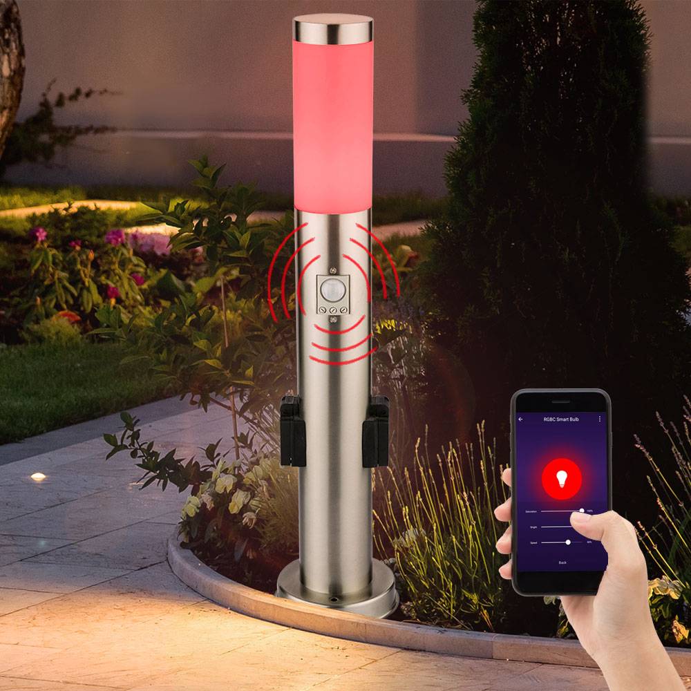 LED Sockelleuchte mit Steckdose Wegeleuchte Außen mit Bewegungsmelder Gartenstehlampe LED Pollerleuchte Edelstahl, 1x 10w 806 2700-6400K, DxH 7,6x