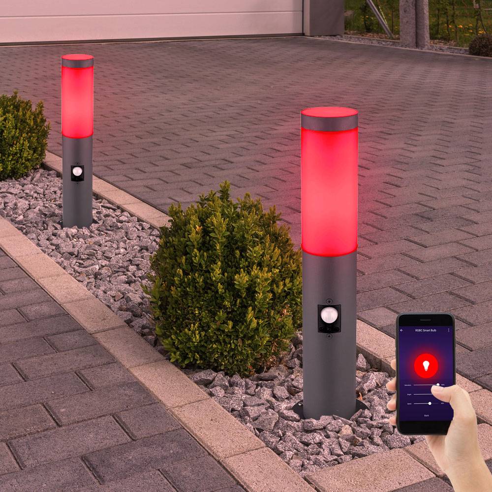 Außenstehlampe mit Bewegungsmelder Gartenlampe Edelstahl Smart LED Wegeleuchte dimmbar mit Fernbedienung anthrazit Außenleuchte, RGB Farbwechsel,