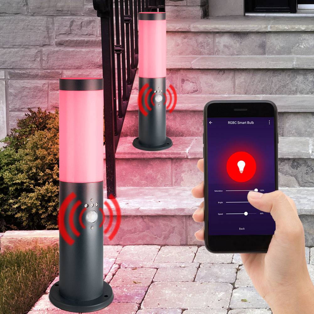 Außenstehlampe mit Bewegungsmelder Gartenlampe Edelstahl Smart LED Wegeleuchte dimmbar mit Fernbedienung anthrazit Außenleuchte, RGB Farbwechsel,