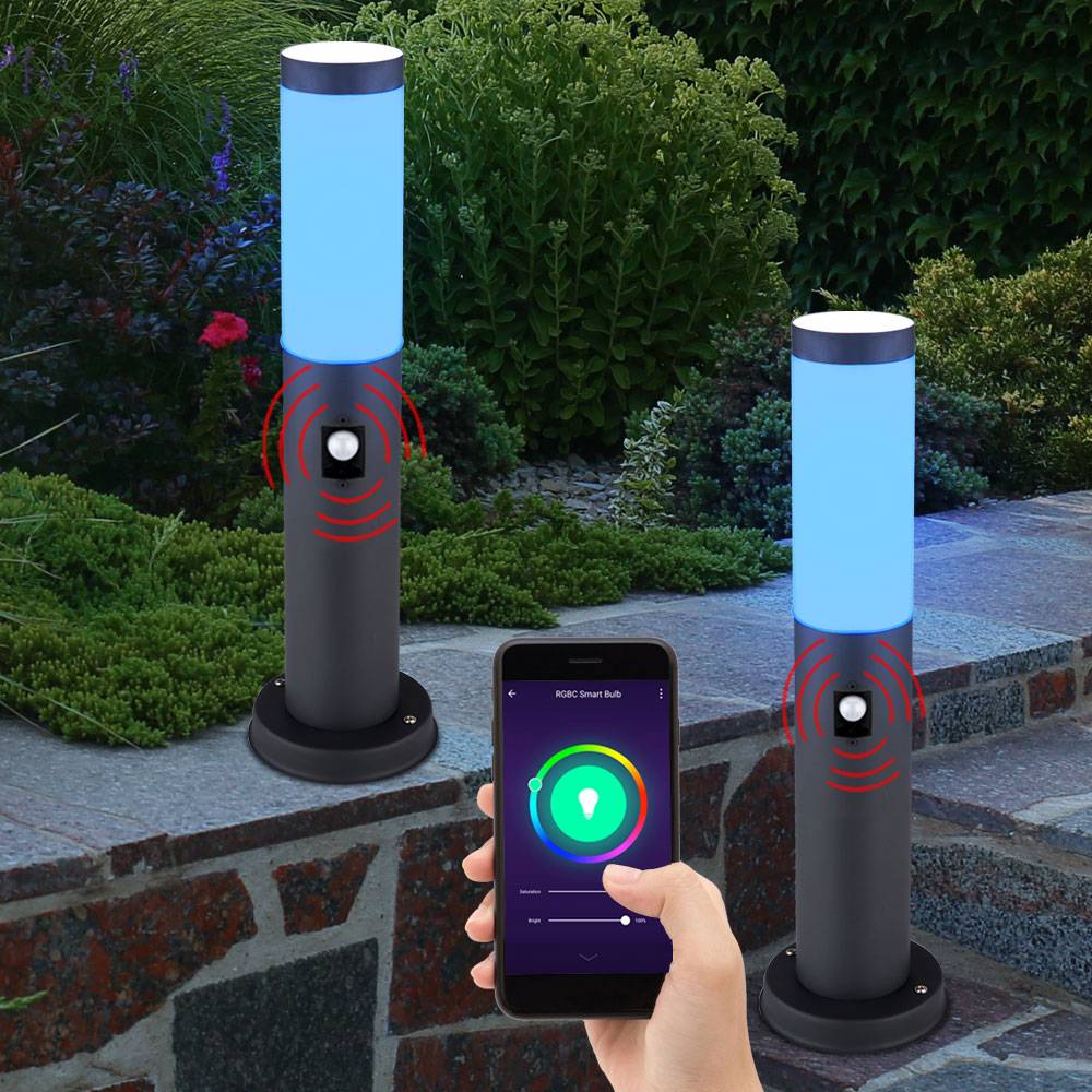 Außenstehlampe mit Bewegungsmelder Gartenlampe Edelstahl Smart LED Wegeleuchte dimmbar mit Fernbedienung anthrazit Außenleuchte, RGB Farbwechsel,
