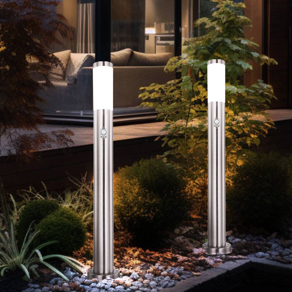 2er Set LED Edelstahl Steh Lampen Bewegungs Sensor Außen Leuchten silber Stand Strahler Timer