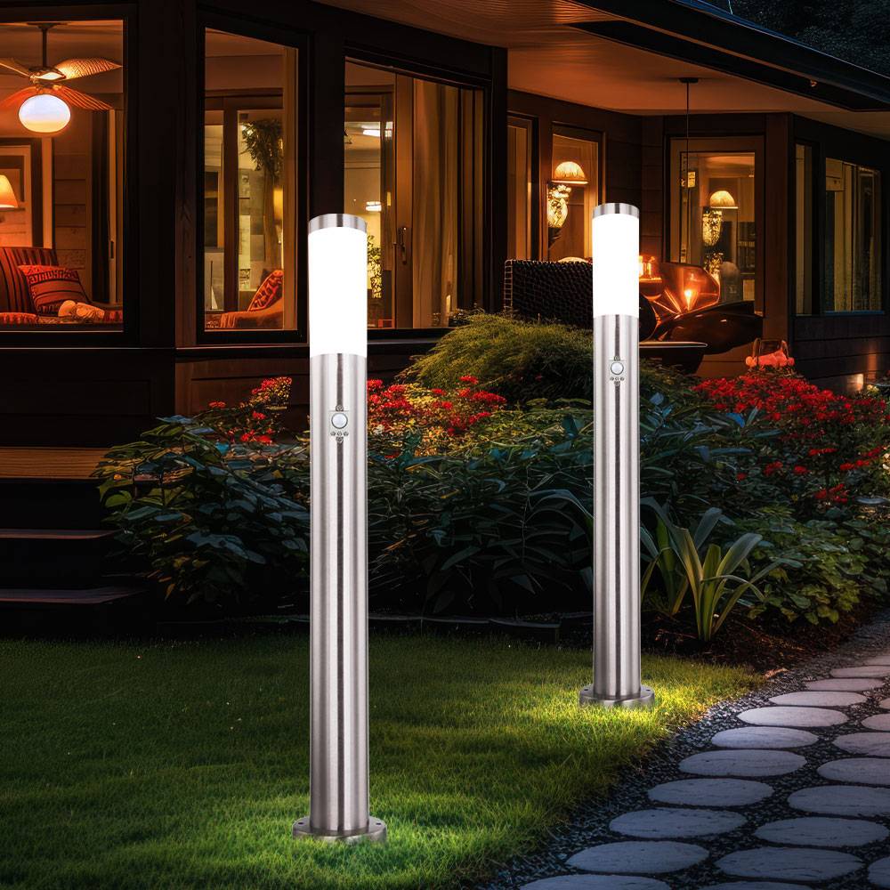 2er Set LED Edelstahl Steh Lampen Bewegungs Sensor Außen Leuchten silber Stand Strahler Timer