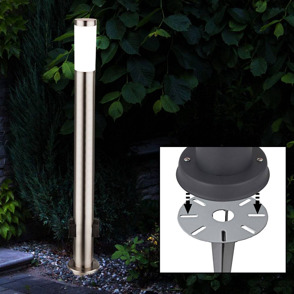 Außenstehlampe silber Erdspieß Wegeleuchte Edelstahl Gartenlampe 2x Außensteckdose, 1x E27, DxH 7,6 x 110 cm
