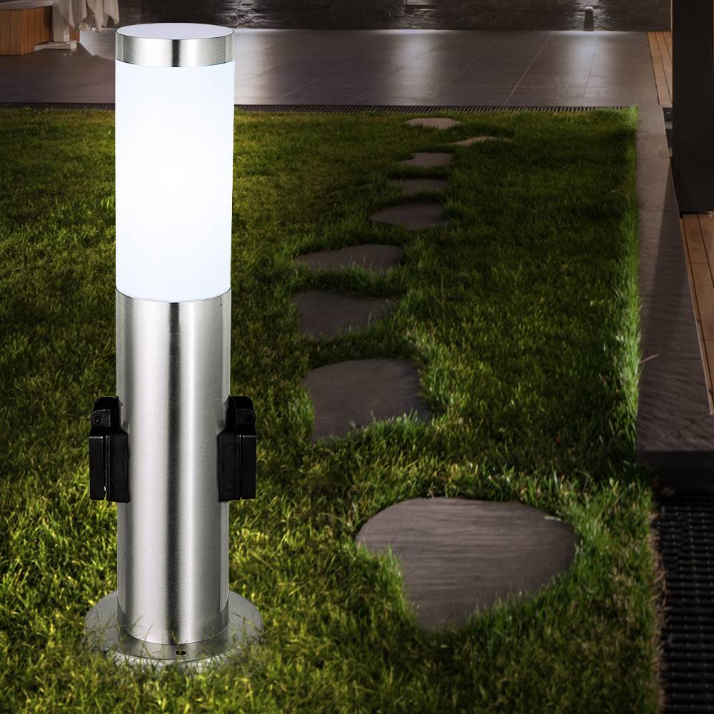 7 Watt LED Edelstahl Stand Leuchte Garten IP44 2x Steckdosen Stromverteilung