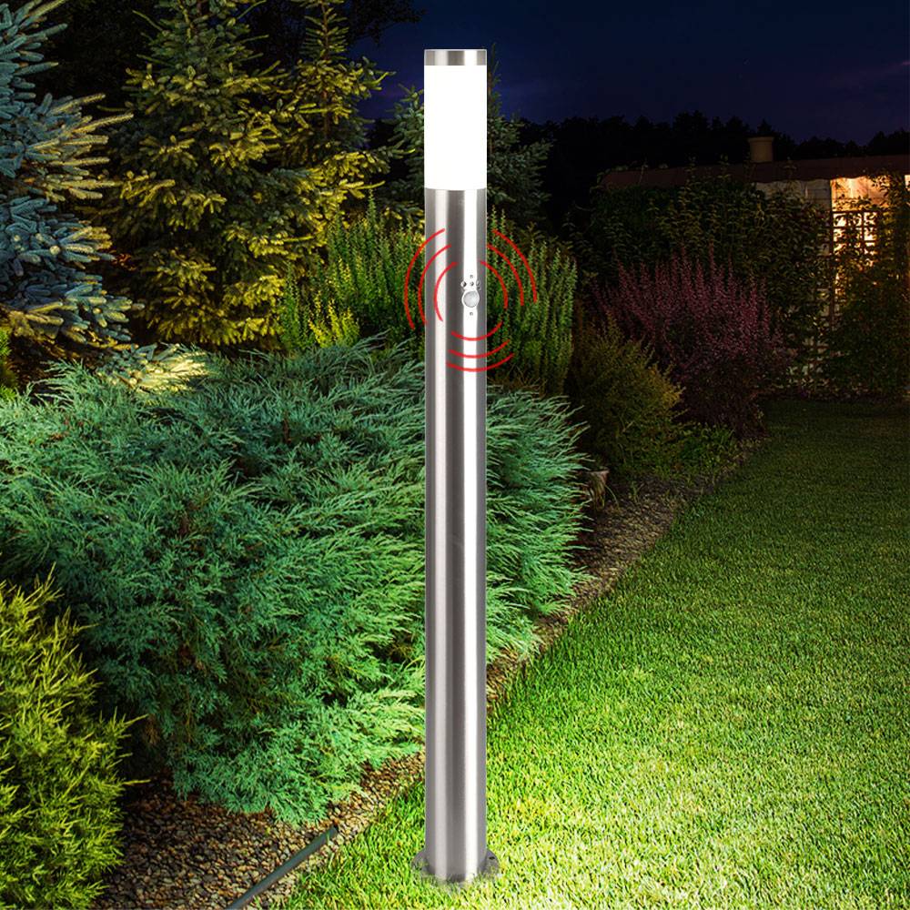 Garten Steh Lampe Edelstahl Bewegungsmelder Terrassen Beleuchtung Außen Stand Leuchte silber im Set inkl. LED Leuchtmittel