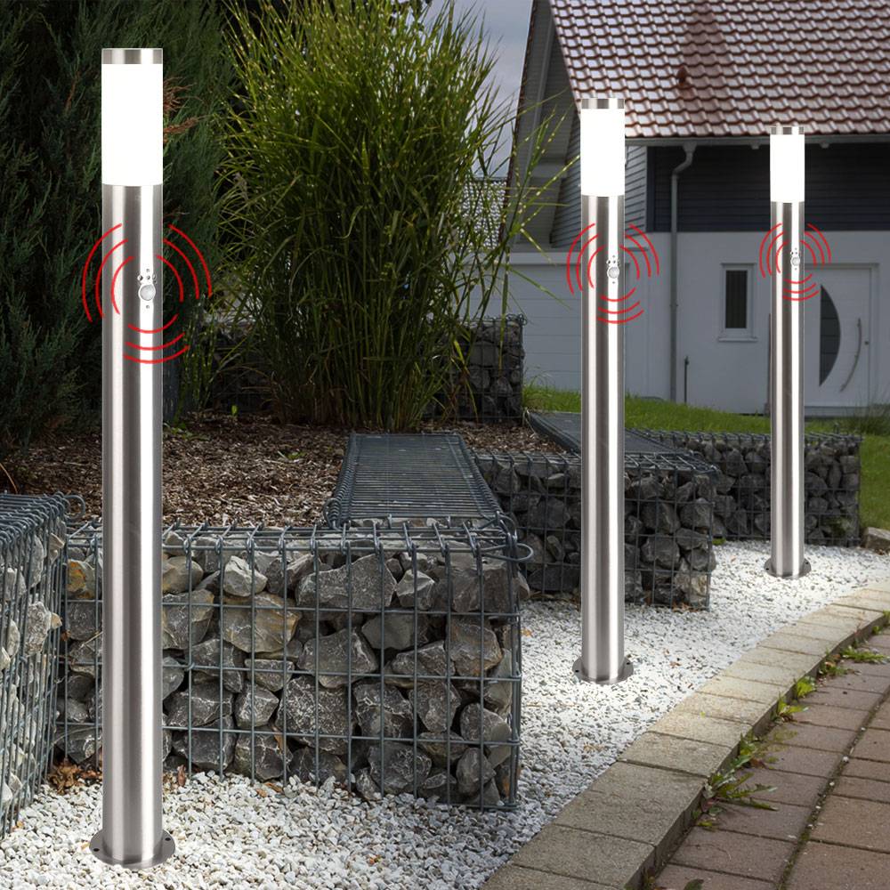 Garten Steh Lampe Edelstahl Bewegungsmelder Terrassen Beleuchtung Außen Stand Leuchte silber im Set inkl. LED Leuchtmittel
