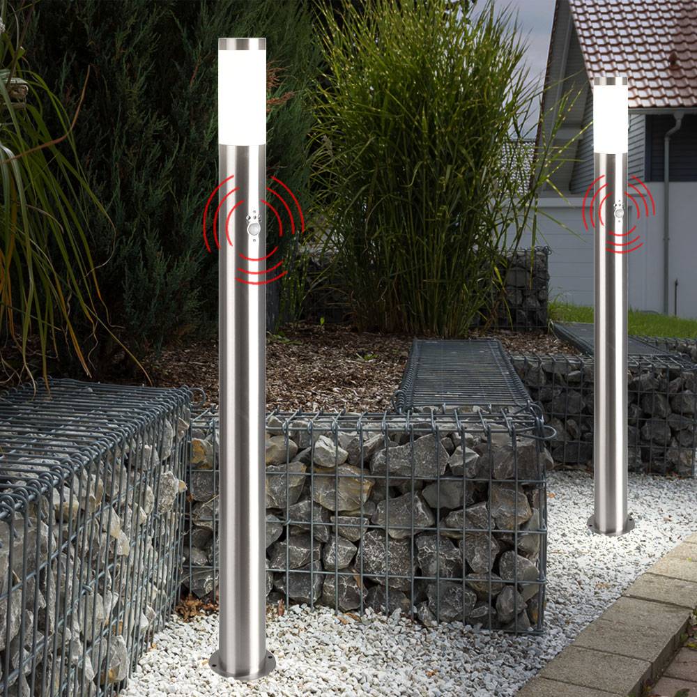 Garten Steh Lampe Edelstahl Bewegungsmelder Terrassen Beleuchtung Außen Stand Leuchte silber im Set inkl. LED Leuchtmittel