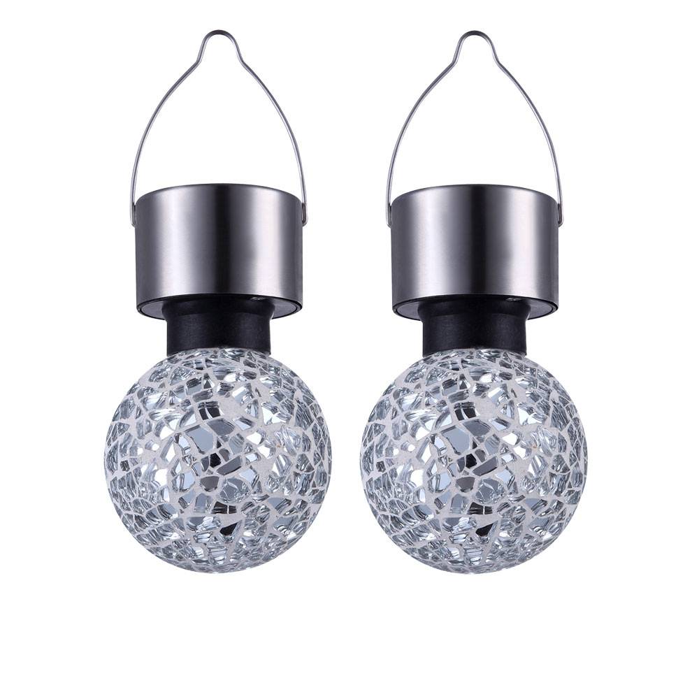 2er Set LED Hänge Solar Lampen silber Spiegel Scherben Mosaik Garten Pendel Deko Leuchten rund Akku