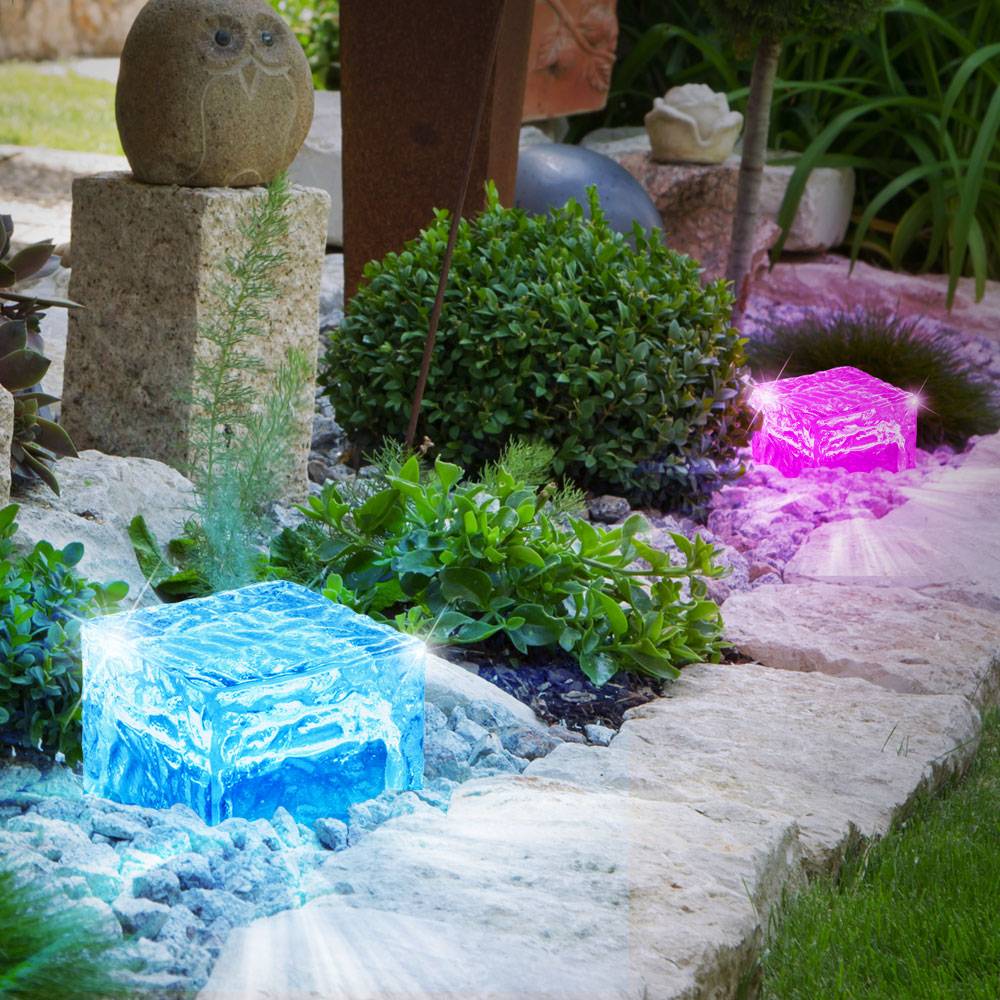 4er Set RGB LED Solar Leuchten Farbwechsel bunt Eis Würfel Glas geeist Außen Beleuchtungen