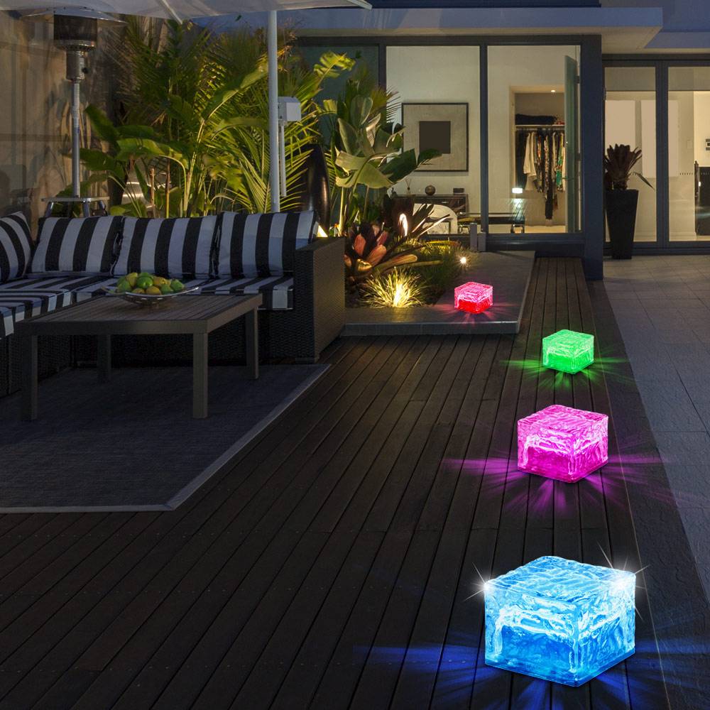 4er Set RGB LED Solar Leuchten Farbwechsel bunt Eis Würfel Glas geeist Außen Beleuchtungen