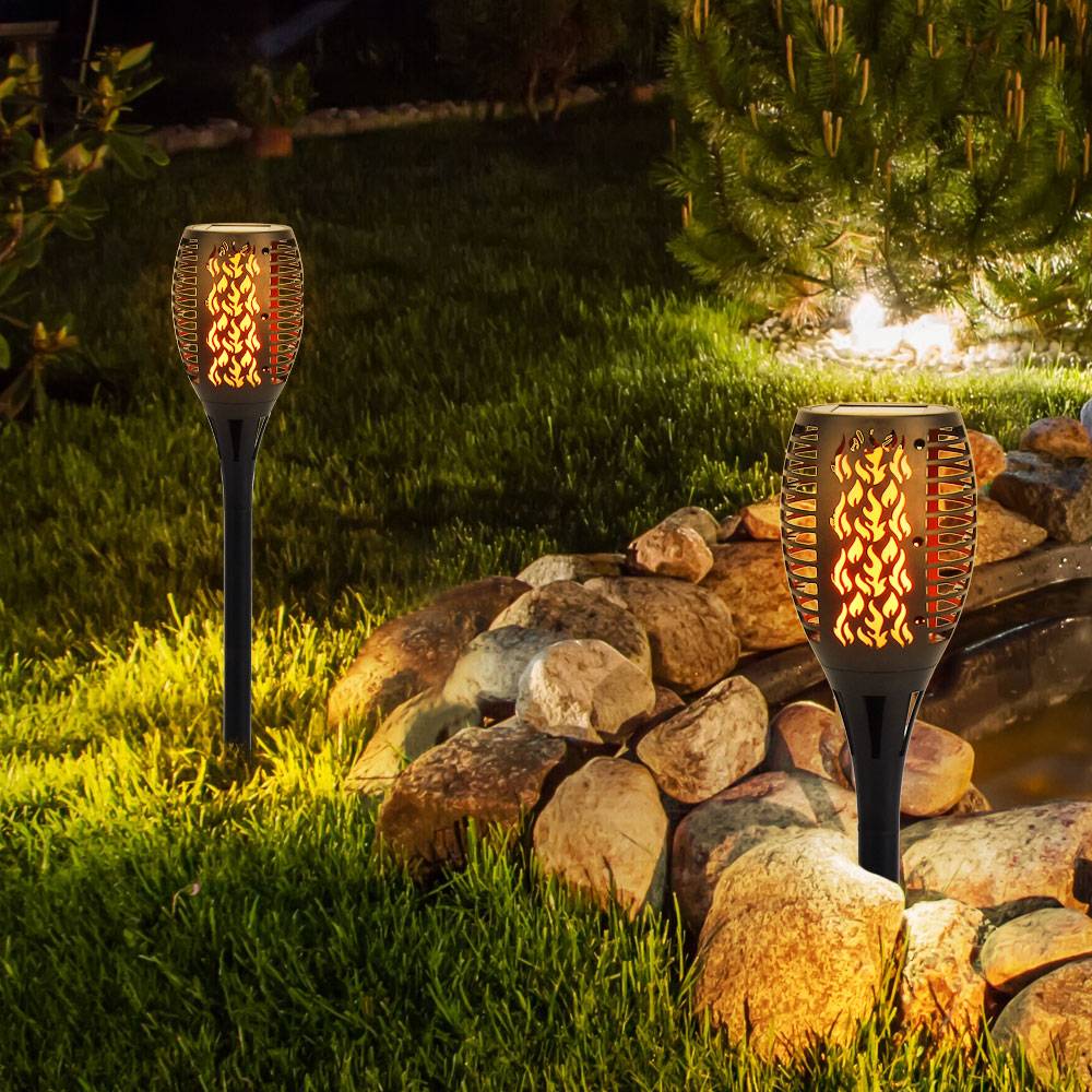 2x LED Außen SOLAR Steck Lampe Weg Garten Fackel Feuer Effekt Erspieß Park Leuchte