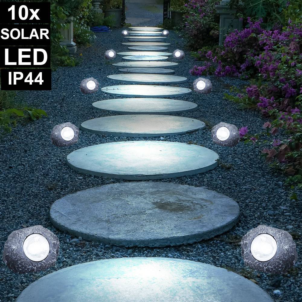 10x LED Solar Lampen Außen Beleuchtung Garten Weg Stein Design Strahler Leuchten grau