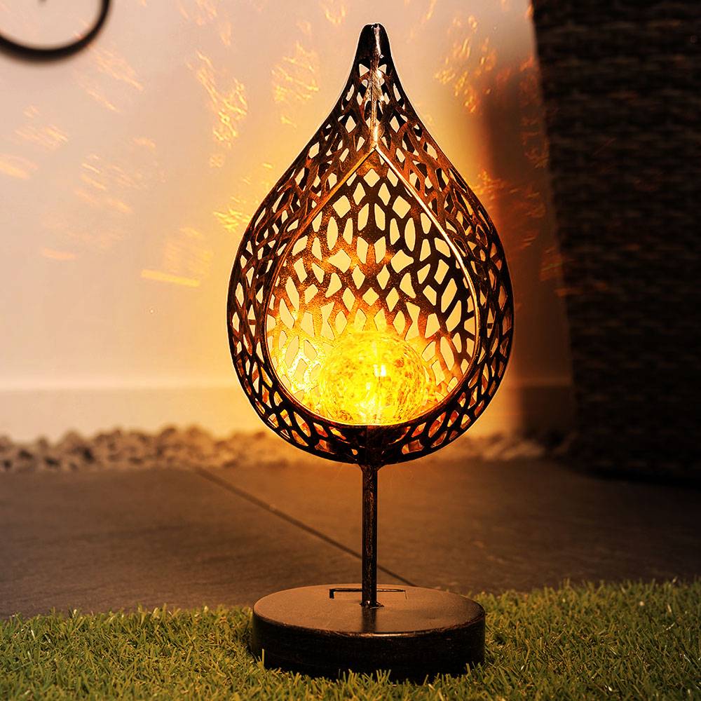 LED Solar Tisch Leuchte Feuer Effekt Garten Deko Tropfen gold Außen Lampe Crackle Glas Flammen