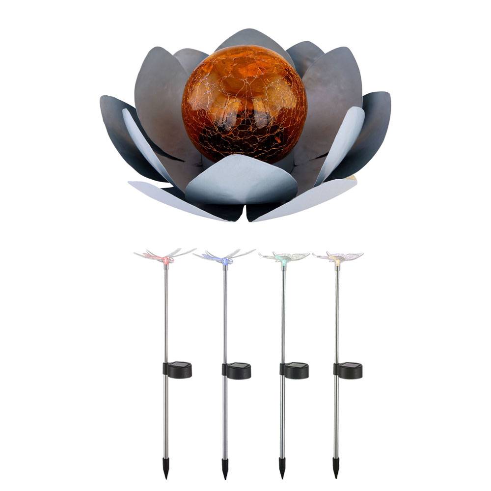 5x LED Solar Leuchten Lotos Blume Erdspieß Schmetterling Außen Garten Farbwechsel Steck Libellen Lampe