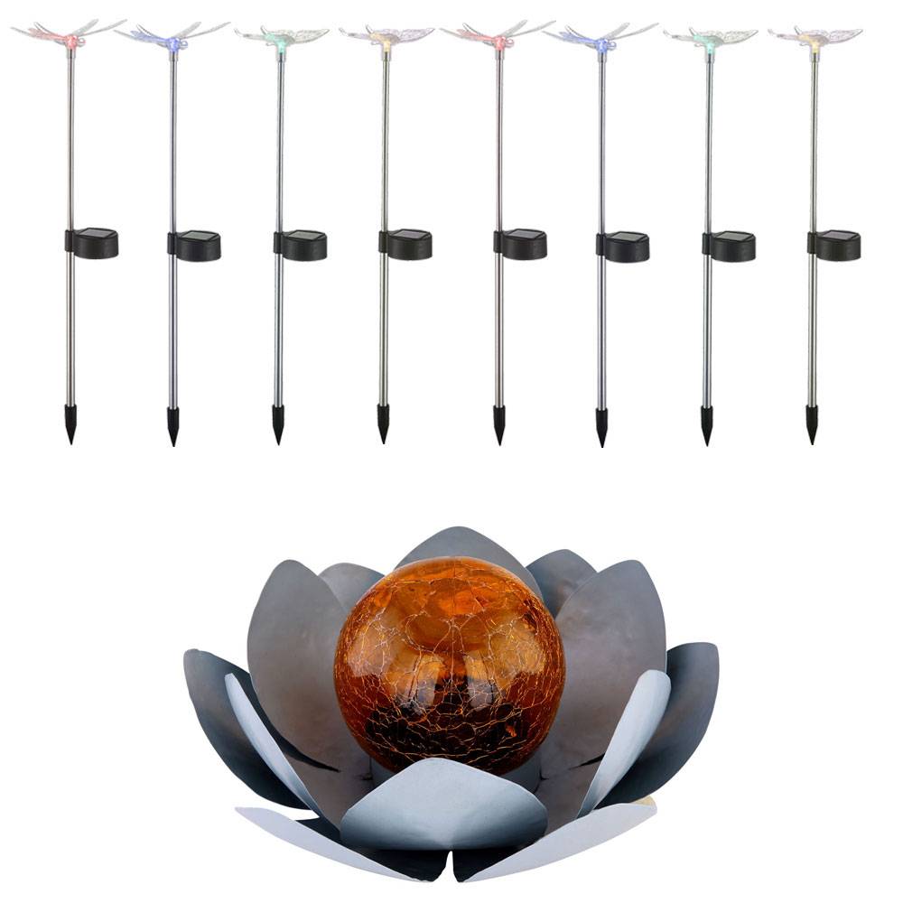 9x LED Solar Lampen Lotoblume Außen Steck Leuchten Libelle Schmetterling Farbwechsel Strahler