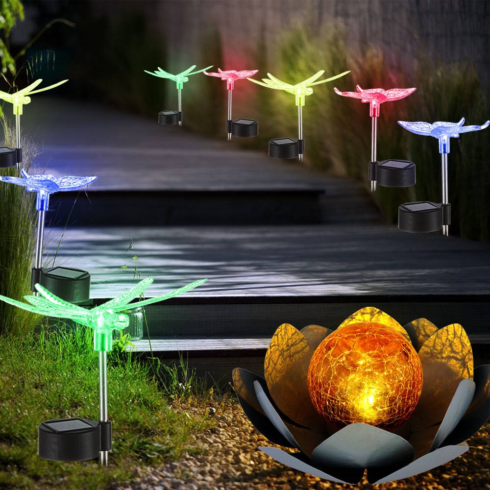 9x LED Solar Lampen Lotoblume Außen Steck Leuchten Libelle Schmetterling Farbwechsel Strahler