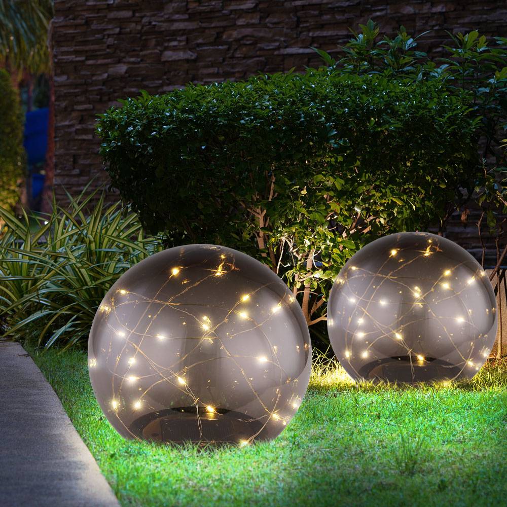 2er Set LED Solar Außen Tisch Lampe Garten Lichterkette Kugel Strahler Park Lampe rauch