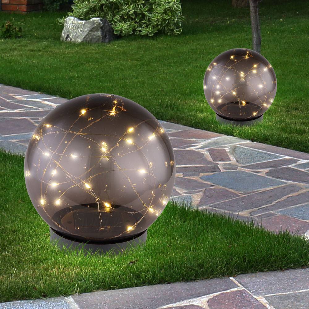2er Set LED Solar Außen Tisch Lampe Garten Lichterkette Kugel Strahler Park Lampe rauch
