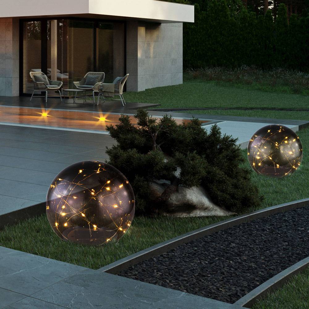 2er Set LED Solar Außen Tisch Lampe Garten Lichterkette Kugel Strahler Park Lampe rauch
