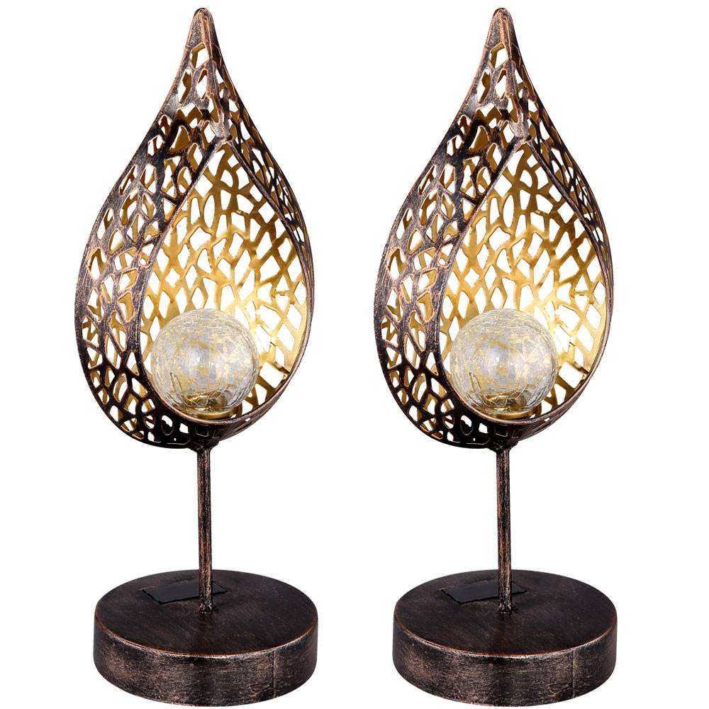 2x LED Solar Tisch Lampen Stand Feuer Effekt Hof Deko Tropfen Außen Glas Leuchte