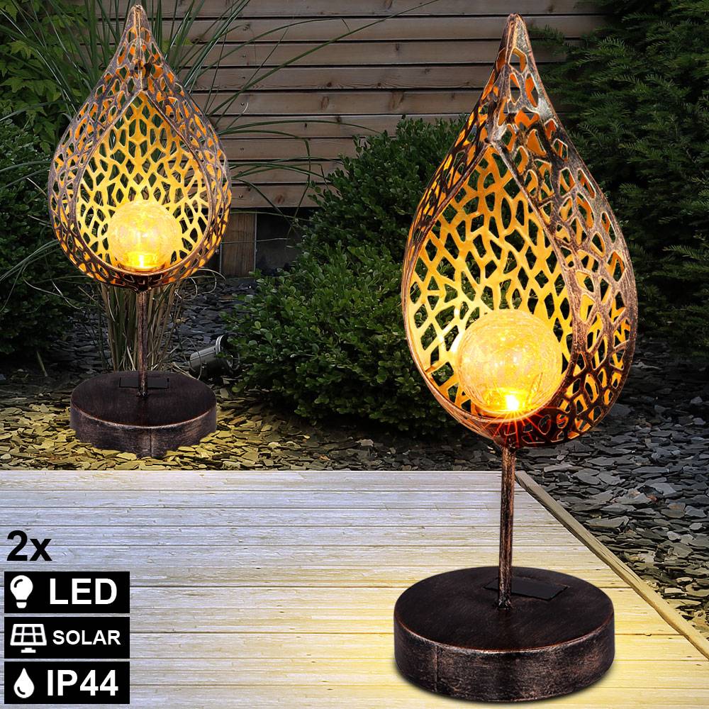 2x LED Solar Tisch Lampen Stand Feuer Effekt Hof Deko Tropfen Außen Glas Leuchte