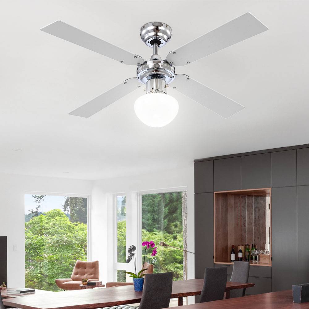 Deckenventilator mit Zugschalter Ventilator Sommer Winter Deckenventilator mit Beleuchtung, 3 Stufen Flügel wendbar,, Metall Glas, 1x E27, D 105 cm