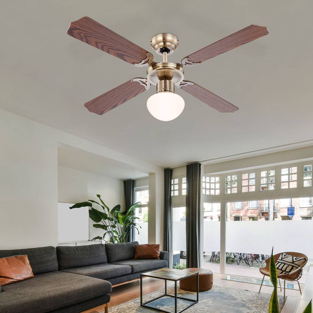 Deckenventilator mit Beleuchtung Sommer Winter Deckenventilator für Dachschräge, Flügel wendbar eichefarben mit Zugschalter und 3 Geschindigkeitsst