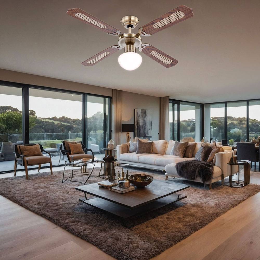 Deckenventilator mit Beleuchtung Sommer Winter Deckenventilator für Dachschräge, Flügel wendbar eichefarben mit Zugschalter und 3 Geschindigkeitsst